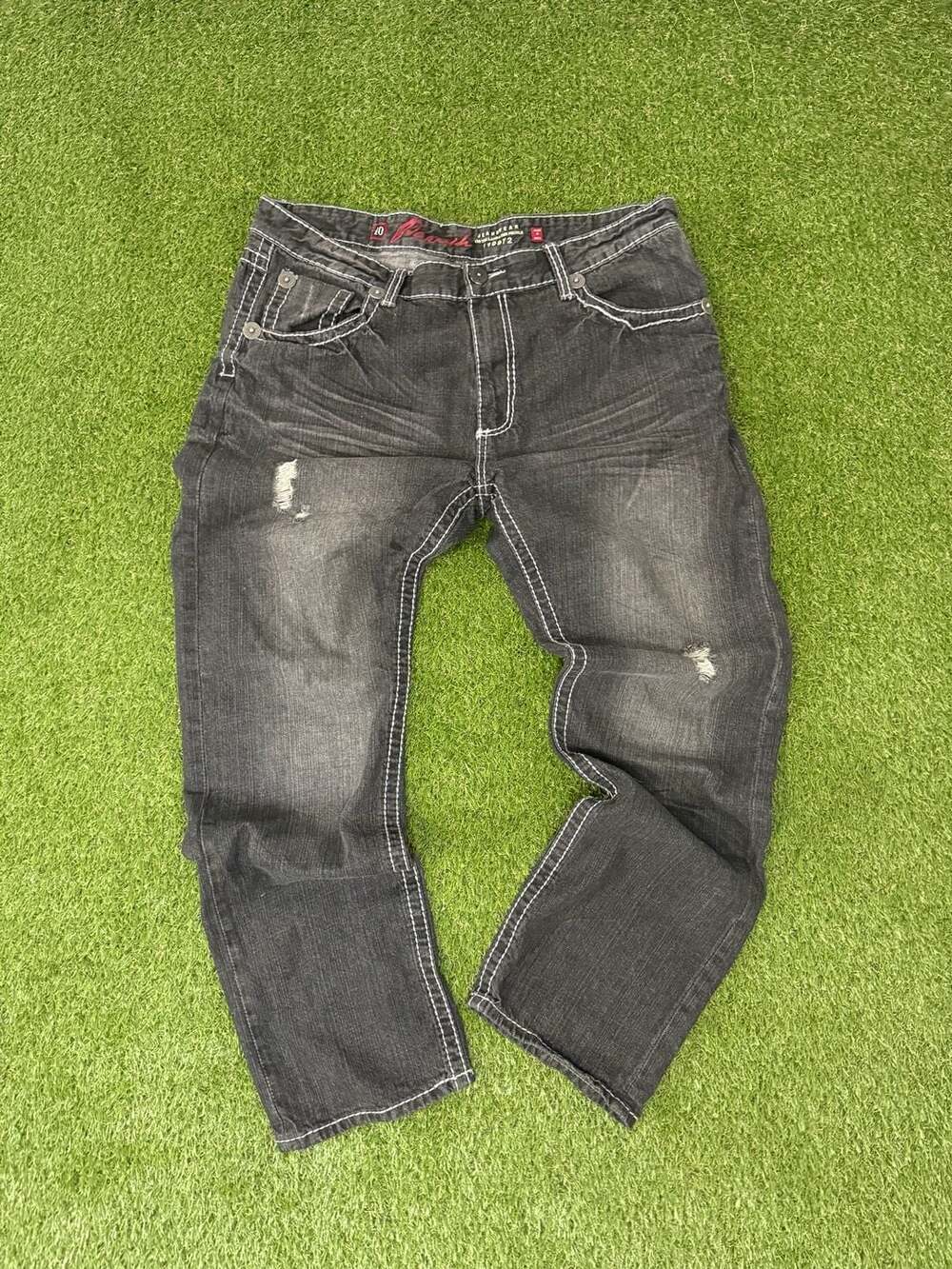 Parish Nation Y2K Faded Black Distressed Thick Stitch Denim Jeans Size 40